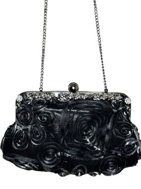 Black Floral Rosette Evening Clutch with Chain Strap